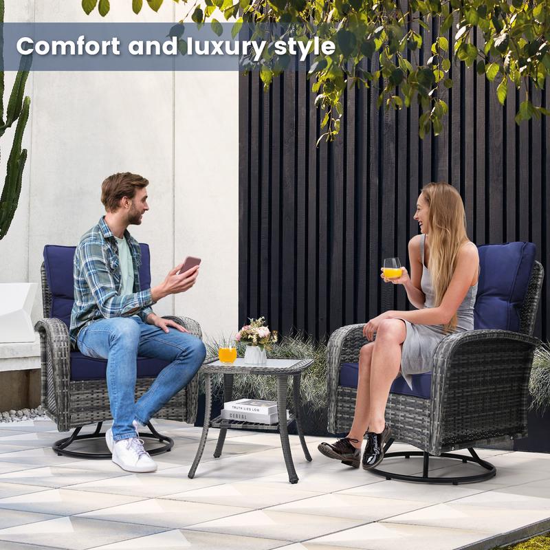 2 Luxury Outdoor Swivel Wicker Glider Patio Chairs with Glass Table Set, Overstuffed Washable Cushions, Ideal for Porch, Balcony, Deck, Grey Rattan and Blue Cushions. wicker  furniture