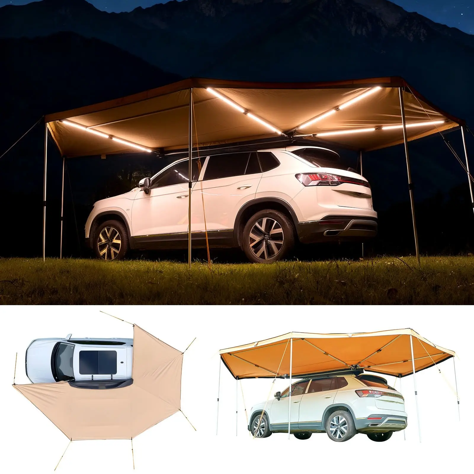 270 Degree Vehicle Awning With Built-In LED Lights, 133 Sq Ft Driver-Side Car Shelter, Waterproof UV50+ All-Weather Free-Standing Overland Awnings For SUV And Truck Camping, Durable Aluminum Frame, Easy Setup