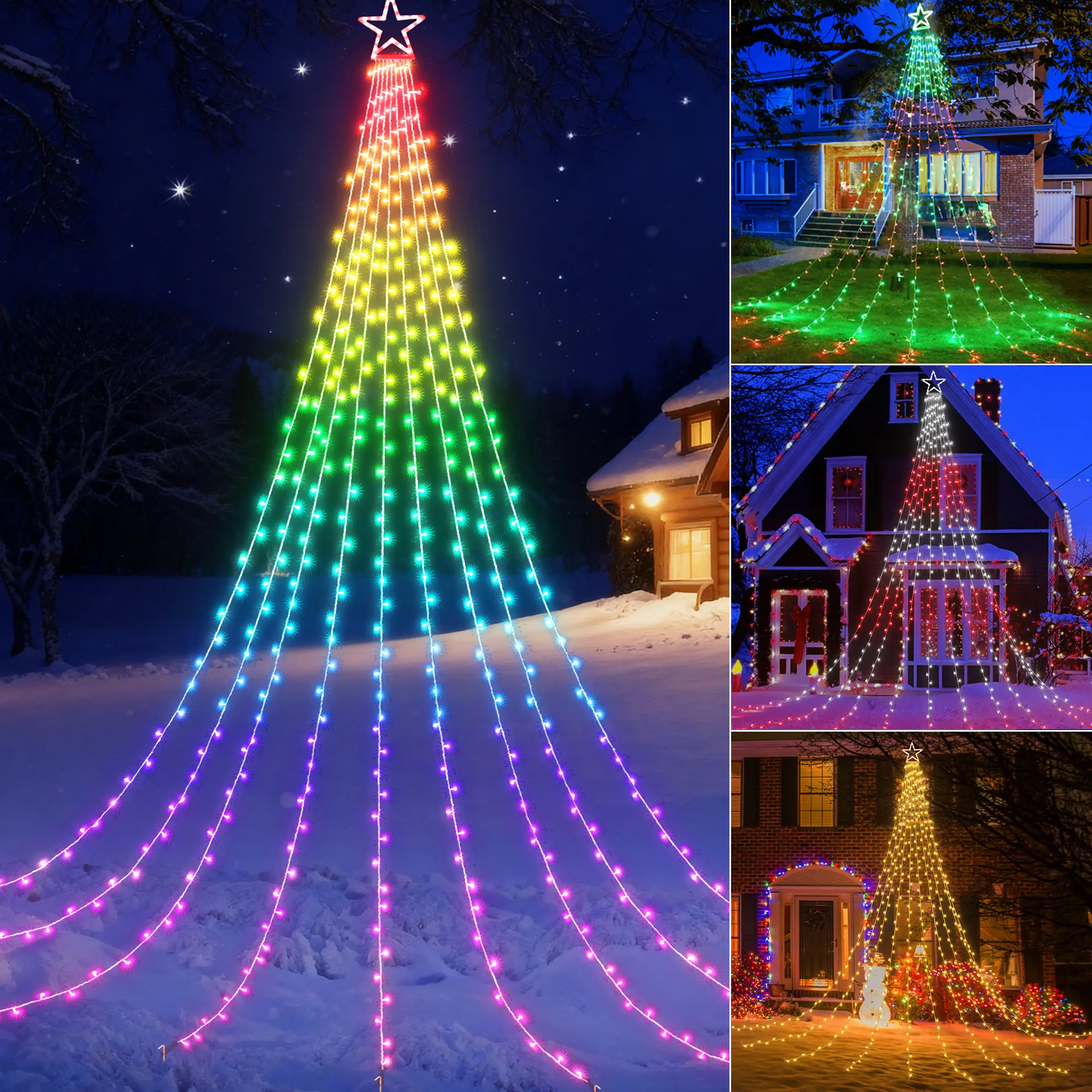 FLACCHI 16.7Ft Outdoor Star String Lights with Remote, RGB Waterfall Lights for Summer Party 4th of July House Decor