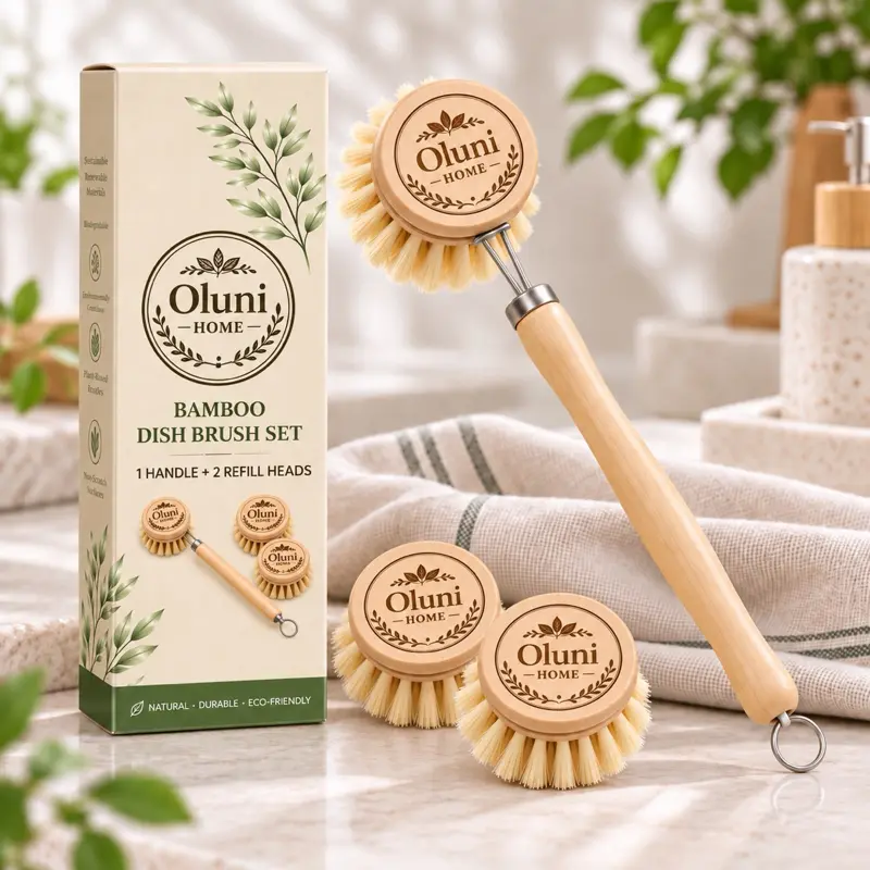 Oluni Home Bamboo Dish Brush Set with 2 Replaceable Sisal Brush Heads Eco-Friendly Kitchen Cleaning Tool for Dishes Pots Pans and Non-Stick Surfaces