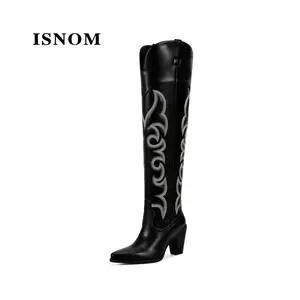 ISNOM Knee High Cowboy Cowgirl Boots for Women, Western Boots with Pull On Tab, Chunky Heel Design, Unique and Stylish