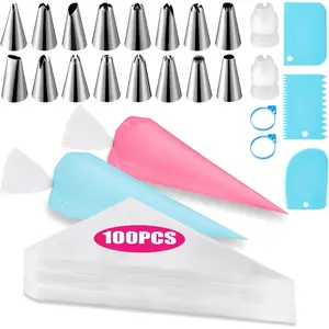 Piping Bags and Tips Set-Cakes Decorating Supplies Kit with 100 pcs 12 In Pastry Bags, 16 Piping Tips, 3 Cake Scrapers, 2 Couplers, 2 Bag Ties - Baking Supplies Set