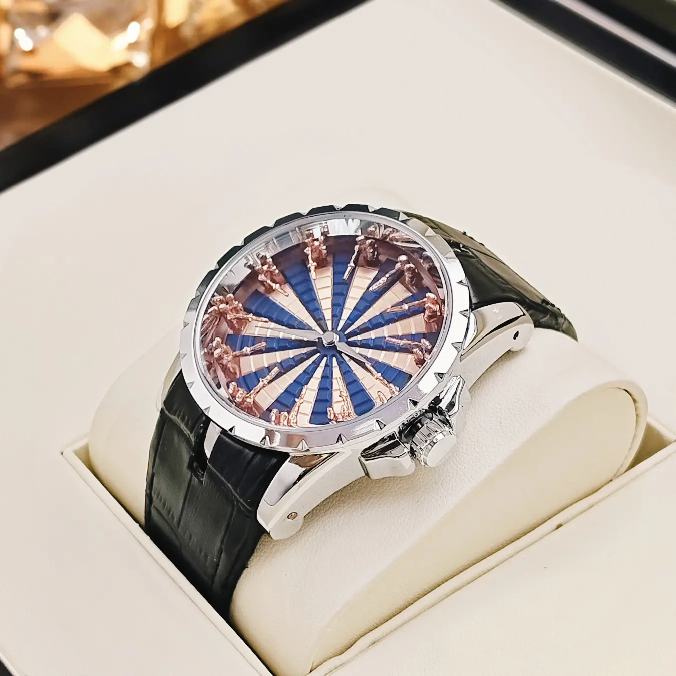 Men's Luxury Gothic Analog Watch - Leather Strap, Round Knights Motif, Sunburst Face, Quartz Fashion Watch