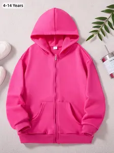 Spring New Girls Plain Hooded Pocket Sweatshirt Jacket, Cute Fitted H-Type Design, Youth Sportswear for All Seasons Hoodie Top