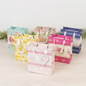12-Pack Gift Bags Mixed Vintage Floral Tea Party - Paper Goodie Bags with Ribbon Handles - Party Favor Bags - 6"x7"x3"