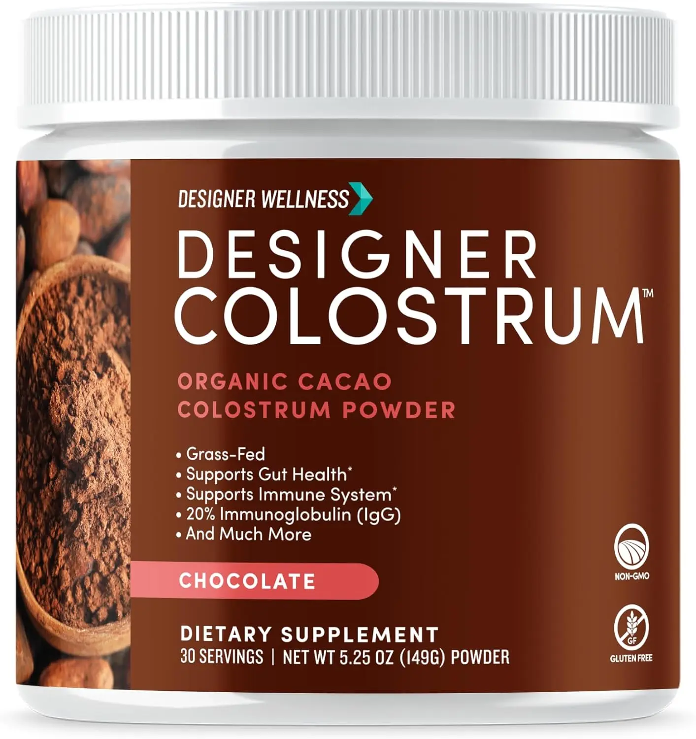 Designer Wellness Pure Bovine Colostrum Superfood Powder - Fitness Dietary Supplement for Adults, Gut Health & Bloating Relief, Immune Support, Skin Hair & Nail Care, Gluten-Free, Fat-Free, Chocolate Flavor, 30 Servings