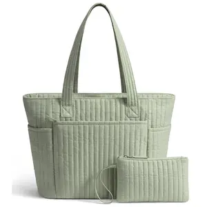 Bagstellar Cotton Tote Bag for Women, Travel/Work Tote Bag with Full-closure Zipper ,18L capacity Daily Tote for 14" Laptop,Lightweight Quilted Shoulder Bag Matching cosmetic pouch for Mom,Teacher,Nurse,College,Gym