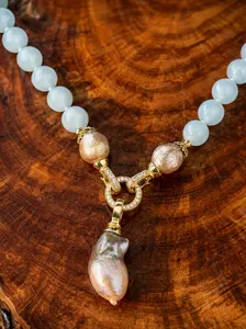 Aquamarine & Pearl Statement Necklace | Gold Plated CZ Clasp | Blue Beaded Necklace | Baroque Pearl Pendant | Elegant Bold Jewelry
