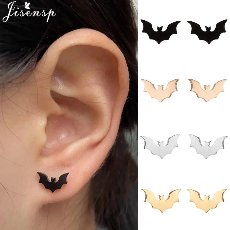Punk Stainless Steel Bat Stud Earrings for Women Men Funny Black Bat Earings Pendientes Piercing Jewelry Hiphop Halloween Gifts