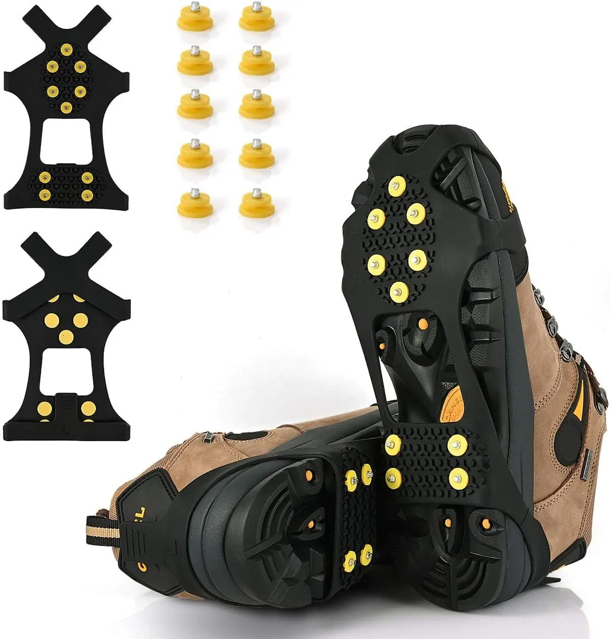 Small Hiking Ice Cleats - Non-Slip Over Boot Fits Rubber Spikes with 10 Steel Studs, Enhancing Grip, Includes Extras 10 Replacement Studs