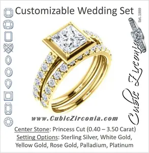 CZ Wedding Set, featuring The Lynette engagement ring (Customizable Cathedral-style Bezel-set Princess Cut 13-stone Design with Round Band Accents)