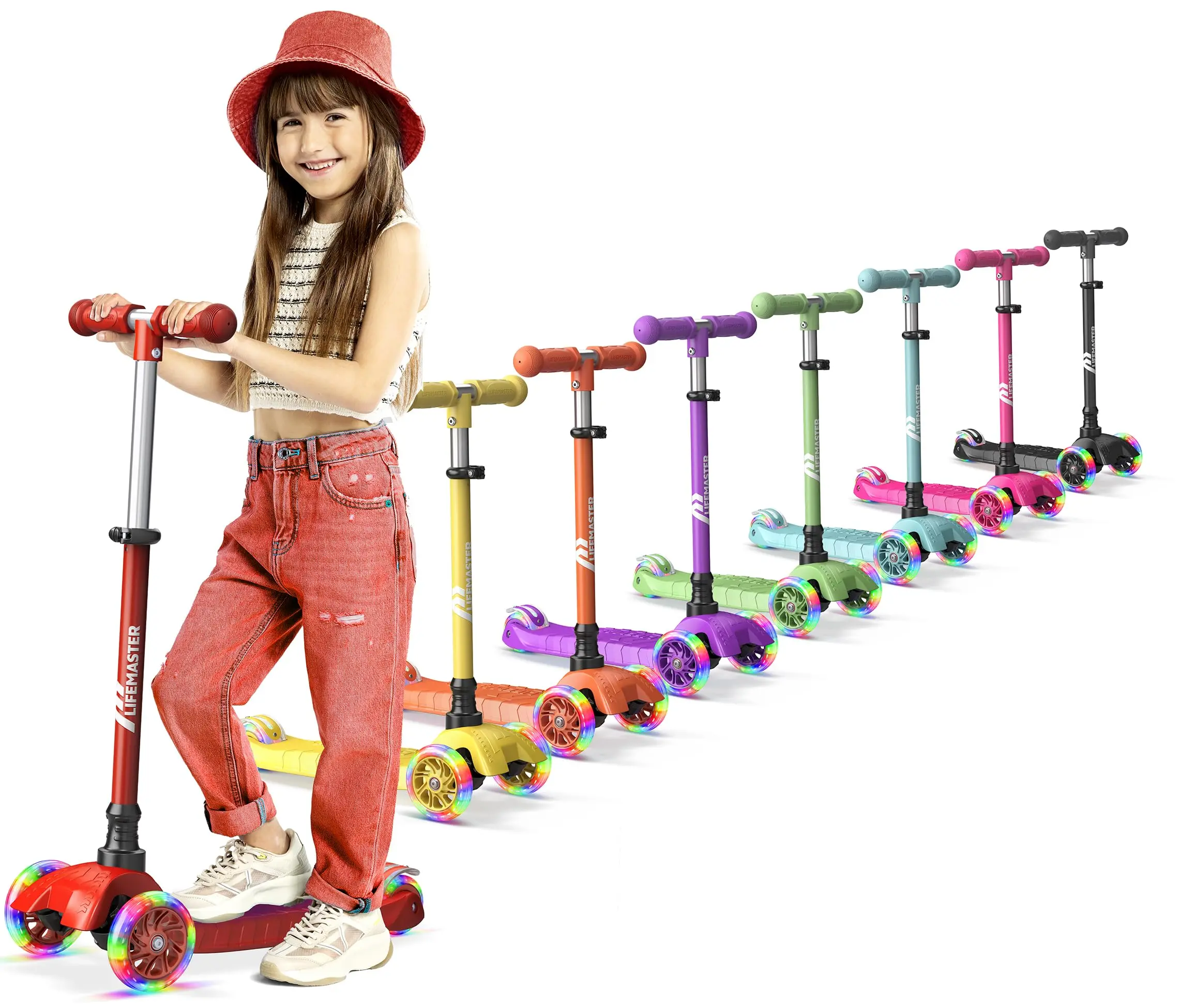 Lifemaster Mini 3-Wheel Kids Scooter with Multi-Color Wheel Lights – 4-Height Adjustable Handlebar, Wide Anti-Slip Deck, Child Safety Certified, Boys & Girls Ages 2+ Supports Up to 110 lbs, Red