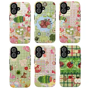 Cute Green Gingham Tough Phone Case – Patchwork Caterpillar Ladybug Strawberry Aesthetic Protective Cover for For iphone 17 promax case air 16 plus 15 promax 14 pro 13max 12 11