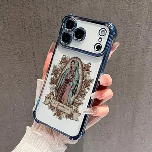 Electroplated Four Corner Anti-Fall Virgin Mary Pattern Four-corner Thickened Mobile Phone Case for iPhone 17 Air 16 15 14 13 12 11 Pro Max Plus border Electroplating with counter-fall Safety Cushion 2D printing Protection Silicone