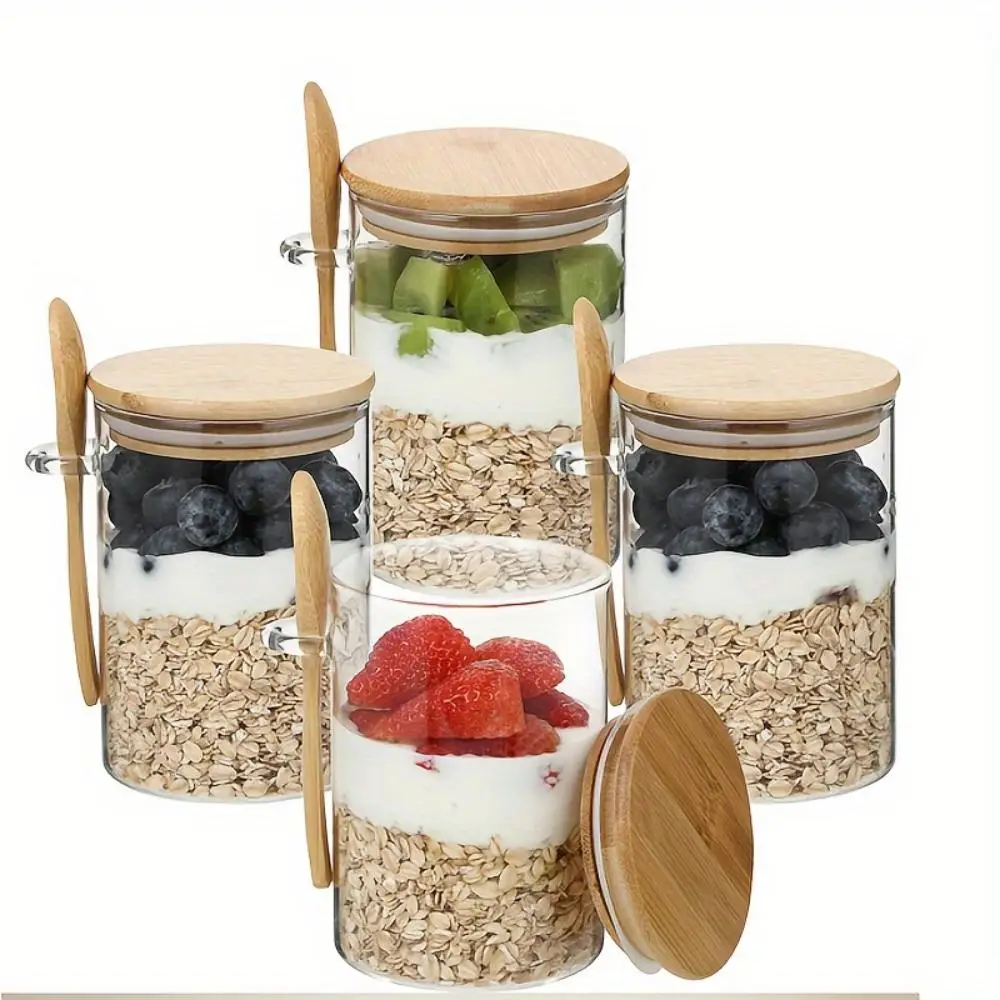 Glass Storage Jar with Wooden Lid & Spoon, 1/2/3/4/8 Counts 18oz Overnight Oats Jar, Salad Dressing Jar, Kitchen Utensils & Gadgets
