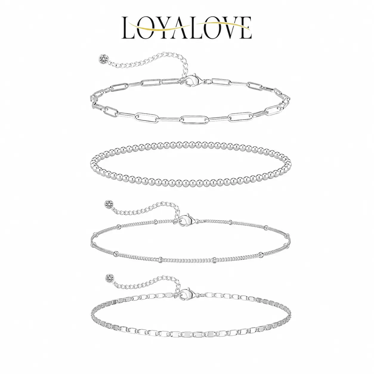 LOYALOVE 4PCS 925 Sterling Silver Anklet Set for Women, Layered Dainty Paperclip Beaded Satellite & Mirror Chain Anklets, Adjustable Summer Beach Foot Jewelry