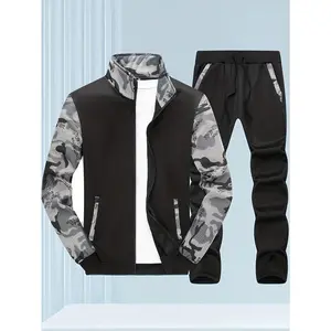 Men's Camouflage Sweatshirt Spring Autumn Long Sleeve Casual Sports Suit Fleece Sweatshirt Two-Piece Set Stand Collar Cardigan