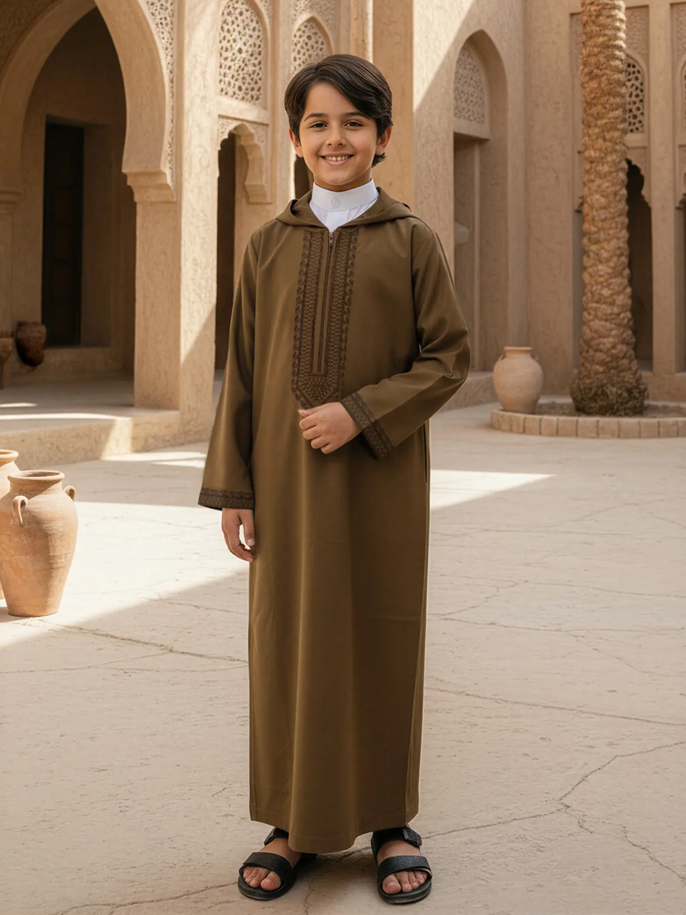 Moroccan Style Islamic Modest Hooded Djellaba with Embroidery and Zipper, Long Sleeve with Side Pockets, Suitable for Boys Aged 8-12, Kids Clothing