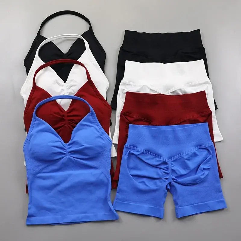 (Free shipping)workout sets women Impact Seamless Yoga Set Women 2PCS Padded Halter Tank Top Scrunch Butt Lifting Gym Shorts Set Summer Sportswear Workout Clothes