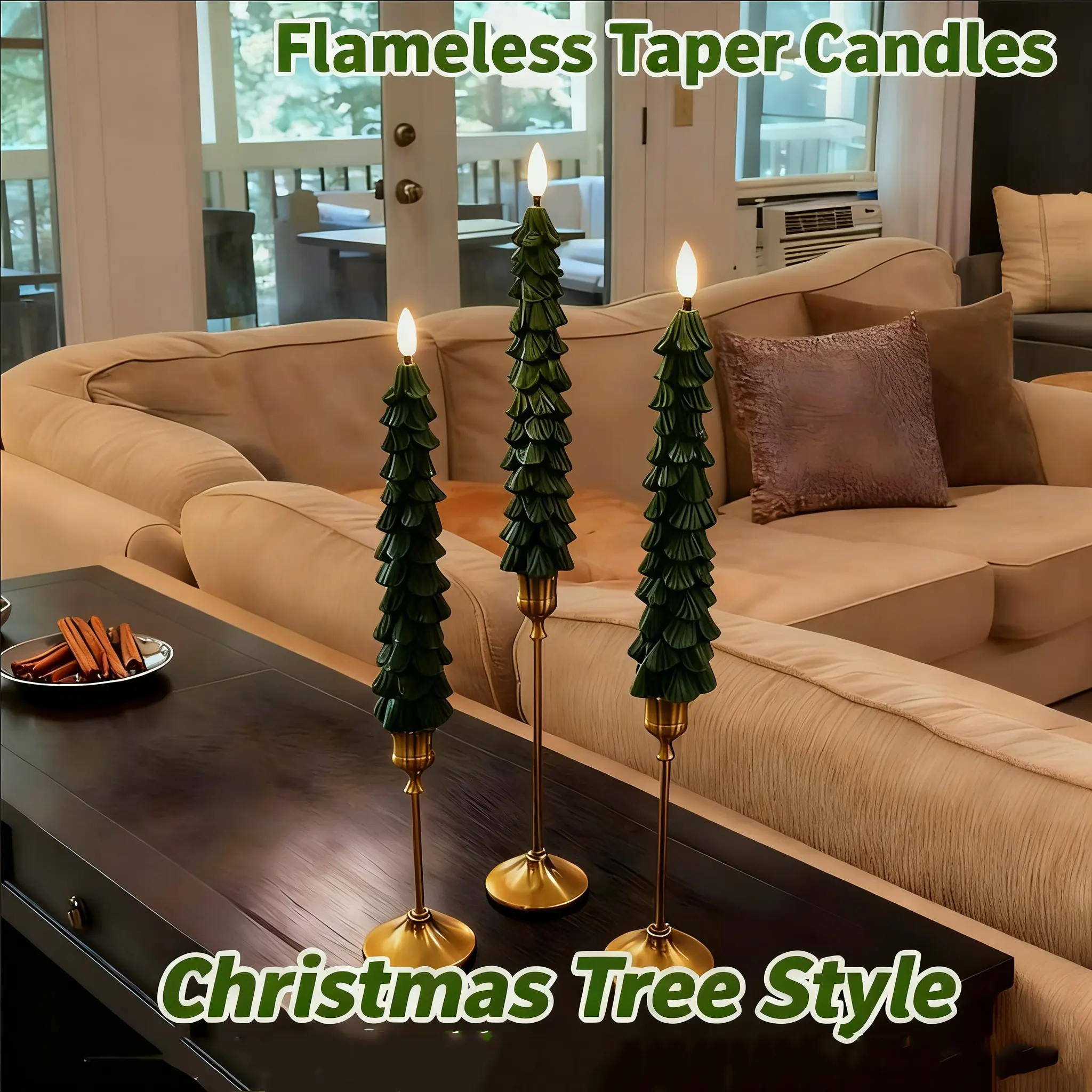 Christmas Tree Flameless Taper Candles Flameless Window Candles with Remote Timer, 9.8" Battery Operated 3D Wick LED Flickering Taper Candle for Home, Wedding, Party Decorations