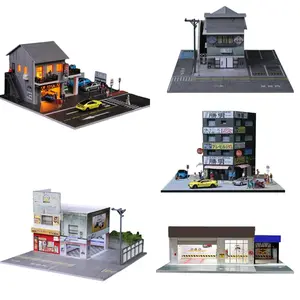Diorama 1/64 Scale Car Garage Model LED Lighting City Street Store Building Model Car Parking Lot Scene Display Model Collection Toy Gift