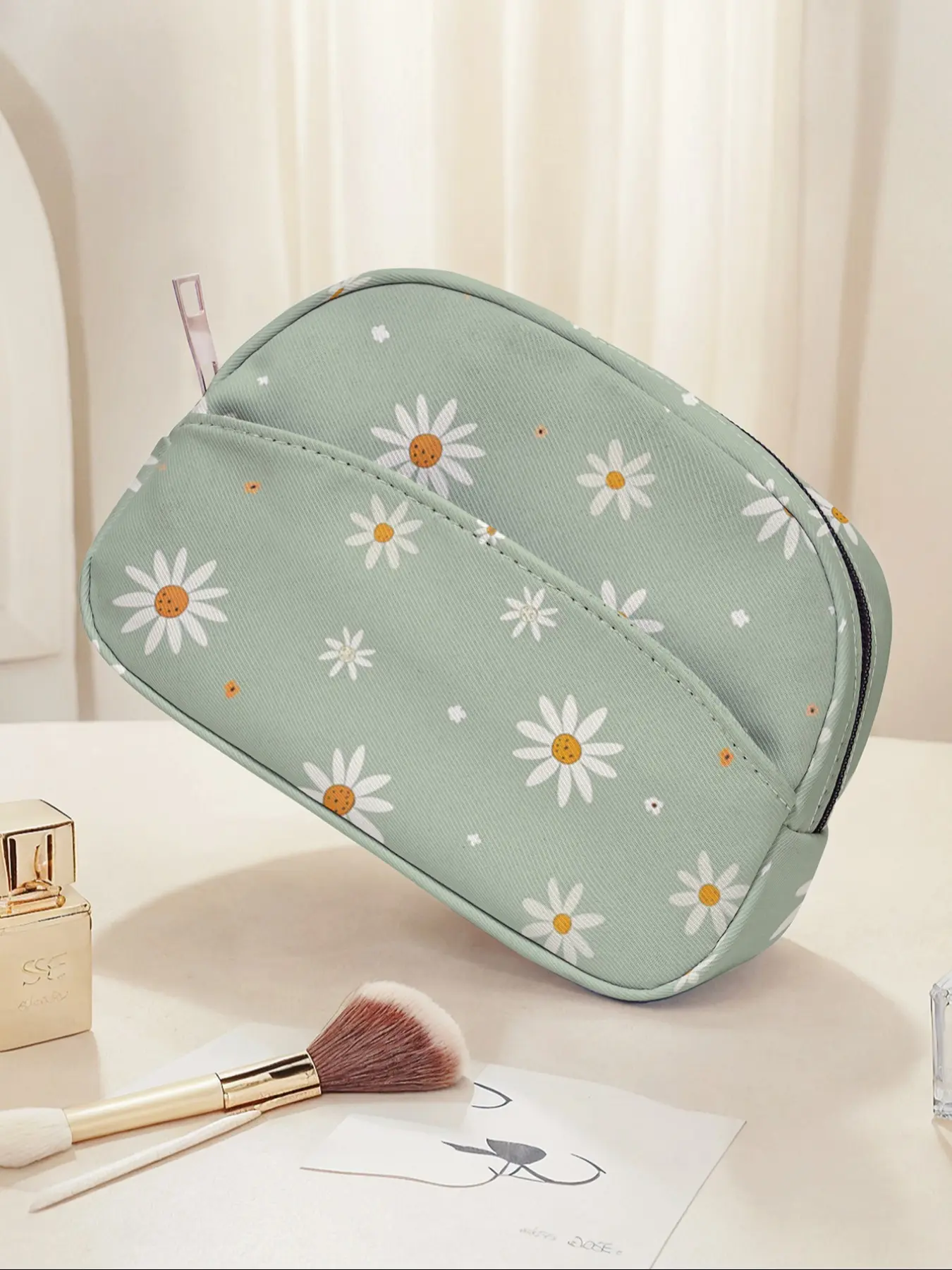Portable Daisy Pattern Travel Cosmetic Bag, Brush Holder Organizer, Large Capacity Toiletries Storage Pouch, Cute Fashion Makeup Bag