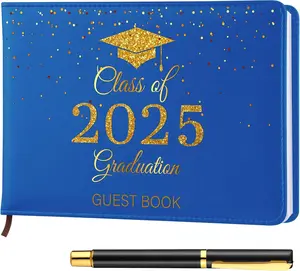 Party Favors Congratulation Graduates Signature Book2025 Graduation Guest Book Leather Guest Sign in Book with Pen Graduation (Class of 2025,Blue, Gold)