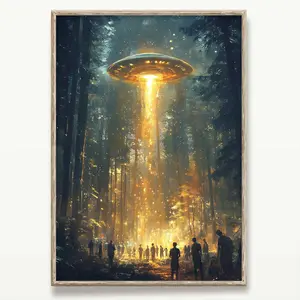 Trendy Poster Ufo Alien Wall Art Alien Abduction Poster Trippy Spaceship Canvas Picture Vintage Landscape Funny Altered Wall Art Ufo Surreal Art 16x24in Unframed Room Decoration Artistic Artwork Painting Ornaments