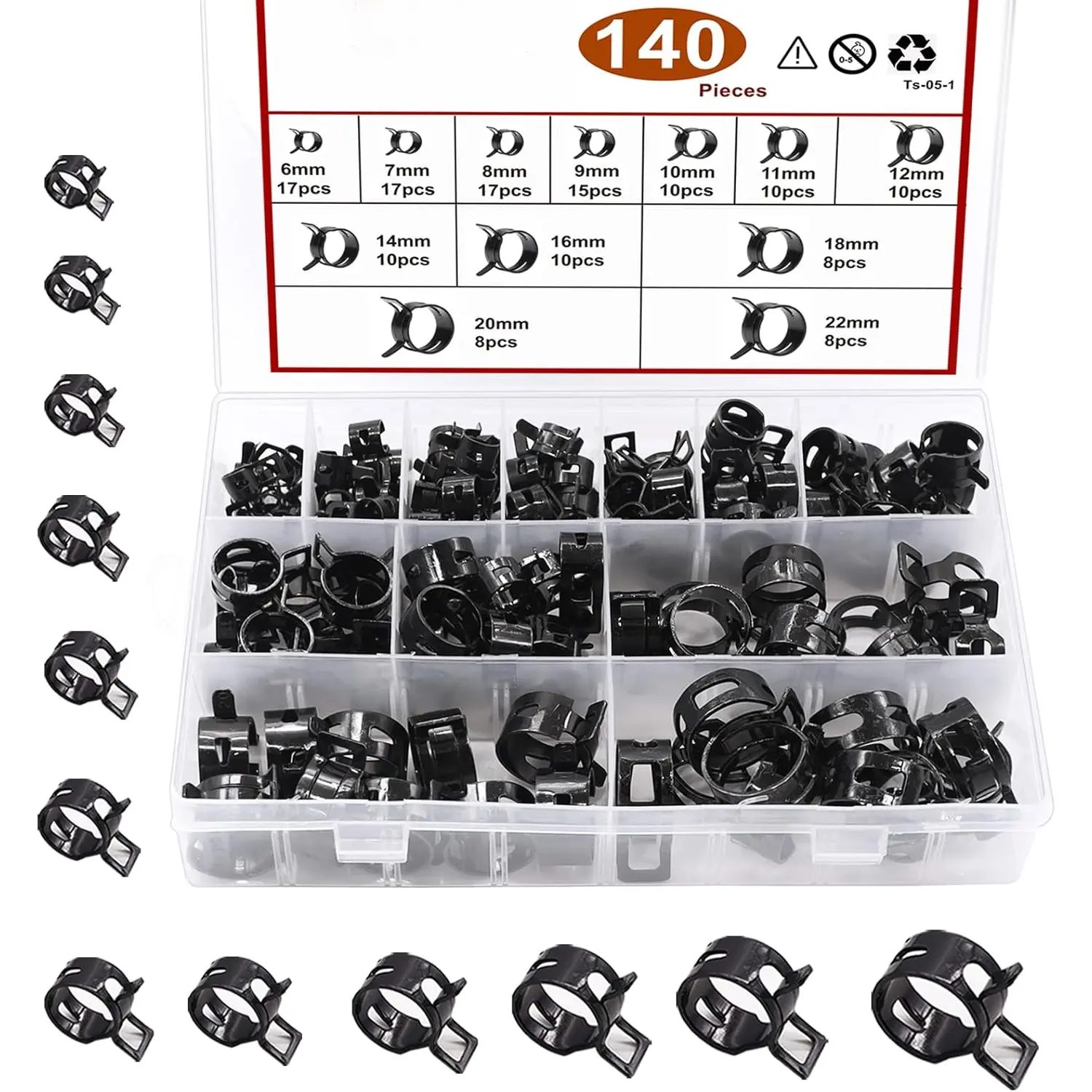 140 count 12 Sizes 6-22mm Black Spring Band Hose Clamp Assortment Kits.Low  Air Clip Strap Clamp for Air Hose Tube Hose   Vacuum Hose Clamp