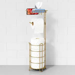 PLL Gold Free Standing Toilet Paper Holder Stand with Phone Shelf, Floor Bathroom Tissue Holder for Large Mega Rolls, Metal Freestanding Toilet Paper Roll Holder with Wipes Stor Tray