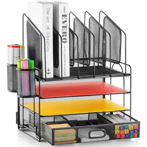 Desk Organizer with Drawer, 4-Tier Mesh File Organizer with 5 Vertical File Holders and 2 Pen Holders, Multifunction Desktop Organizer Accessories for Home Office