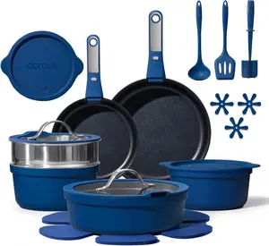 CAROTE 22pcs Pots and Pans Set Non Stick, Nonstick Cookware Set, Dishwasher/Oven/Fridge Safe Pots and Pans, Removable Handle RV Oven Safe Cookware, Induction Kitchen Set, Blue