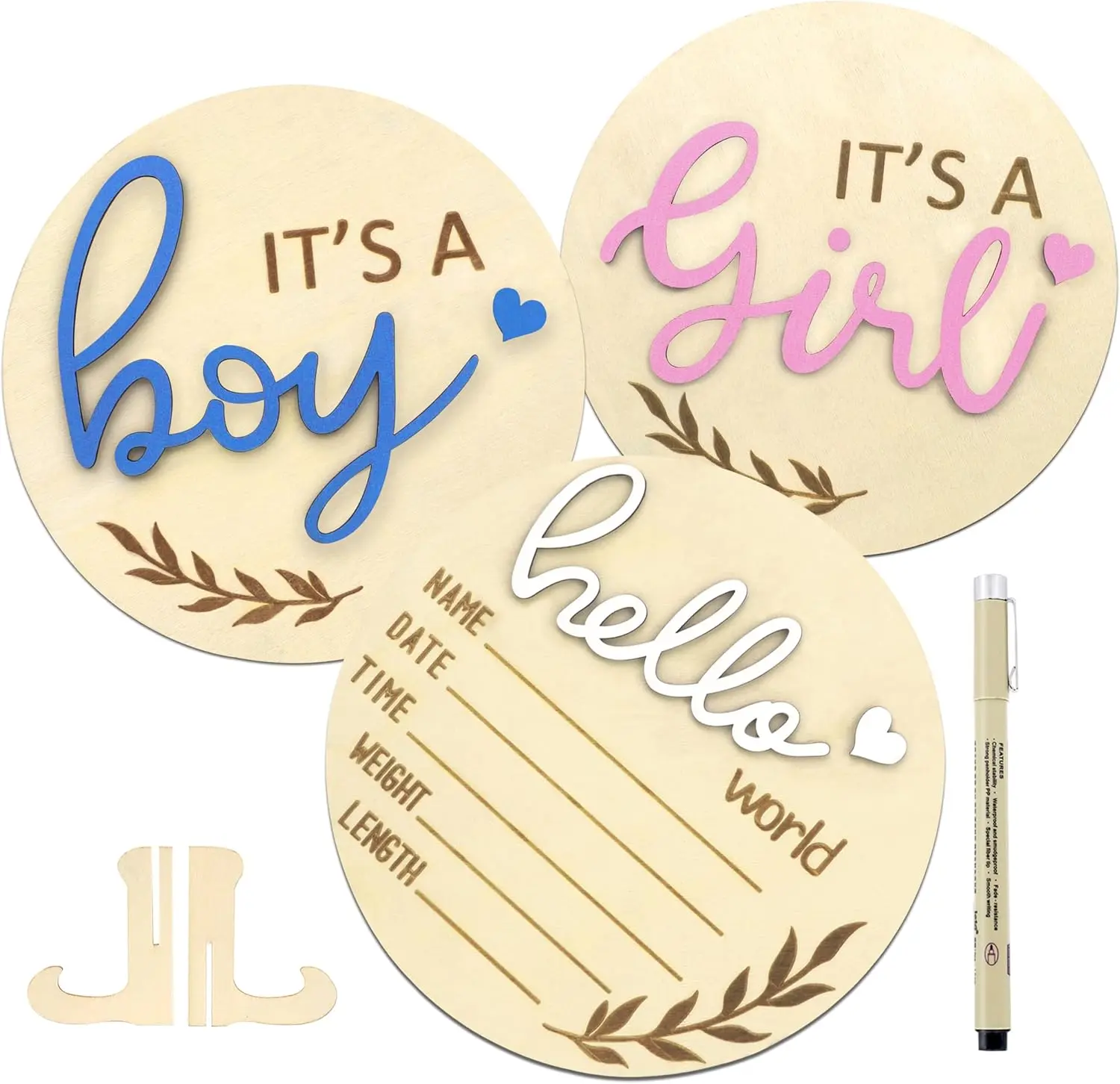 Wooden Birth Announcement Sign Set - 3-Count Its a Boy/Girl, Hello World & Name Plaque with Pen for Baby Shower Party Photo Props (Home Decor Plaque & Sign)