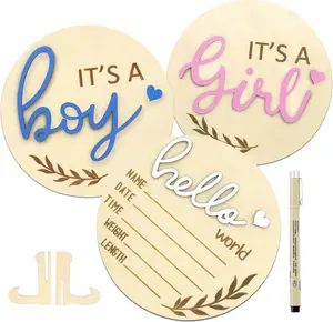 Announcement Sign,  for Welcome  3 count Its a Boy/Girl and Hello World  Sign Board Wooden Birth Name Announcement Plaque and Pen for  Shower Party Photo Props