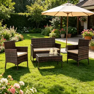 2pcs Arm Chairs 1pc Love Seat & Tempered Glass Coffee Table Rattan Sofa Set Brown Gradient Brown Gradient Wicker Conversation Sofa Set With Cushions And Tempered Glass Coffee Table,SummerVibes