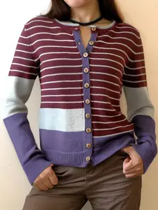 Women's long striped cardigan with a round neck, a fashionable long-sleeved top featuring a color-blocked splicing design, a casual and loose fit, highly suitable for vacations, and an ideal choice for daily wear.