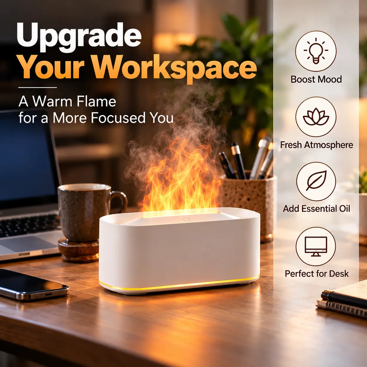 Flame Effect Aroma Diffuser with Ambient Light, Cozy Mist Diffuser for Bedroom, Living Room, Desk, Office & Modern Home Decor