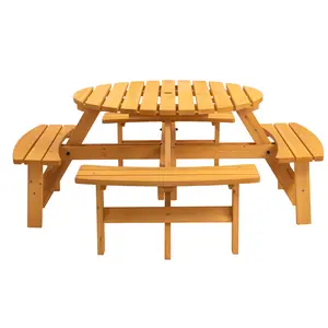 8 Person Wooden Picnic Table, Outdoor Camping Dining Table with Seat, Garden, DIY w/ 4 Built-in Benches, 2220lb Capacity