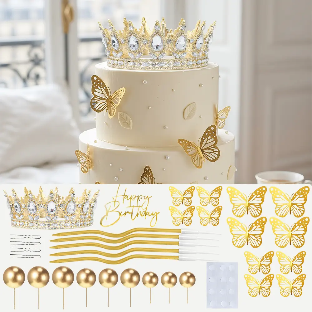 Set of 52 Crown-Shaped Cake Decorations, Featuring Golden Birthday Toppers, Crown Balls, Candles, And Butterflies, Perfect for Women'S Princess Or Queen-Themed Wedding Party Celebrations