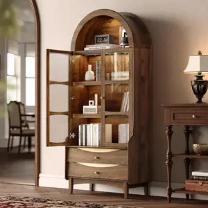 STO'SENSE 74" Tall Arched Bookshelf with LED Lights,4-Tier Modern Farmhouse Arched Bookcase with Glass Doors and Shelves,Wooden Display Cabinet with 2 Drawers for Living Room, Dining Room (Walnut)