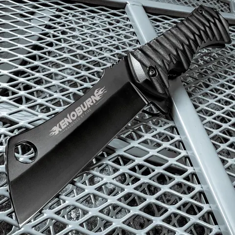 Xenoburn Compact Assisted Opening Cleaver Pocket Knife - 4" Blade, Black Titanium Coated Steel Samurai Blade, Textured TPU Handle, Pocket Clip, Lanyard Hole, Assisted Opening Mechanism, Cool Knives, Outdoor Camping Bushcrafting EDC Tool
