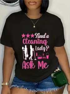 Women' Housekeeper Maid Service T-Shirt - Casual Short Sleeve Round Neck Top with "Housekeeper" & "Household Wanted" Print - Funny Cleaning Lady Attire for Themed Events & Casual Attire (Machine Washable)