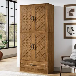 LITTLE TREE 70 Inches Bookshelf and Bookcase, Wooden Tall Storage Cabinet with Doors and Drawer, Retro Enclosed Library Book Shelves for Home Office, Living Room