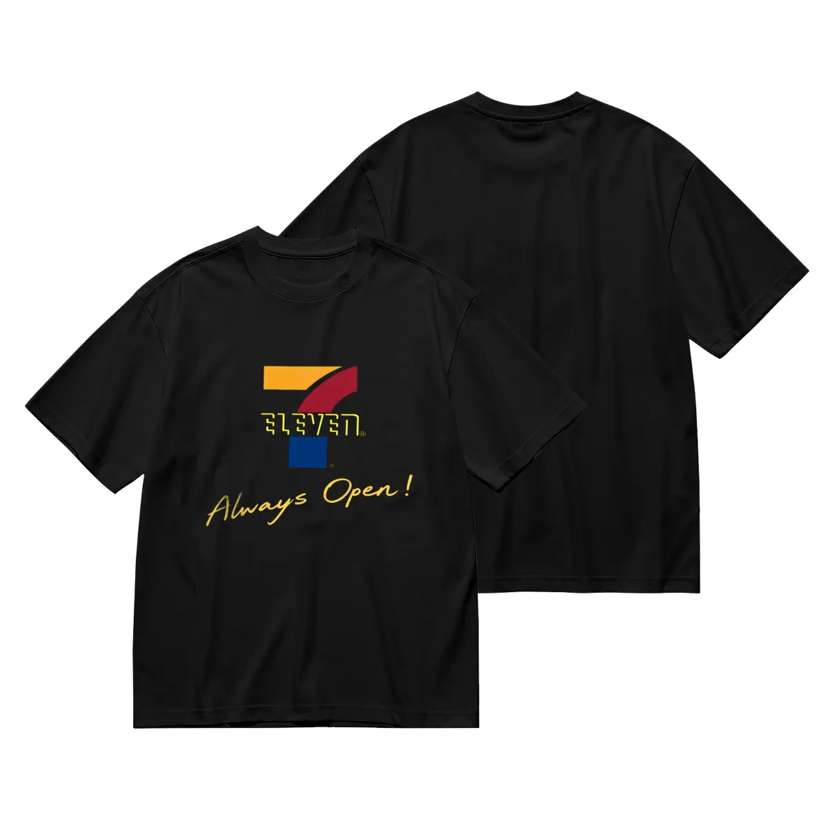 Men's 7-Eleven Vintage Graphic T-Shirt, Retro 24-Hour Store Slogan Print Black Tee with Yellow-Red Logo, Non-Sheer Easy-Wash Everyday Summer Casual Wear