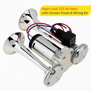 12V Super Loud Dual Trumpet2026 new  Car Horn, Chrome Finish, Built-in Air Compressor, Universal Fit with Complete Easy Install Wiring Kit for All Vehicles