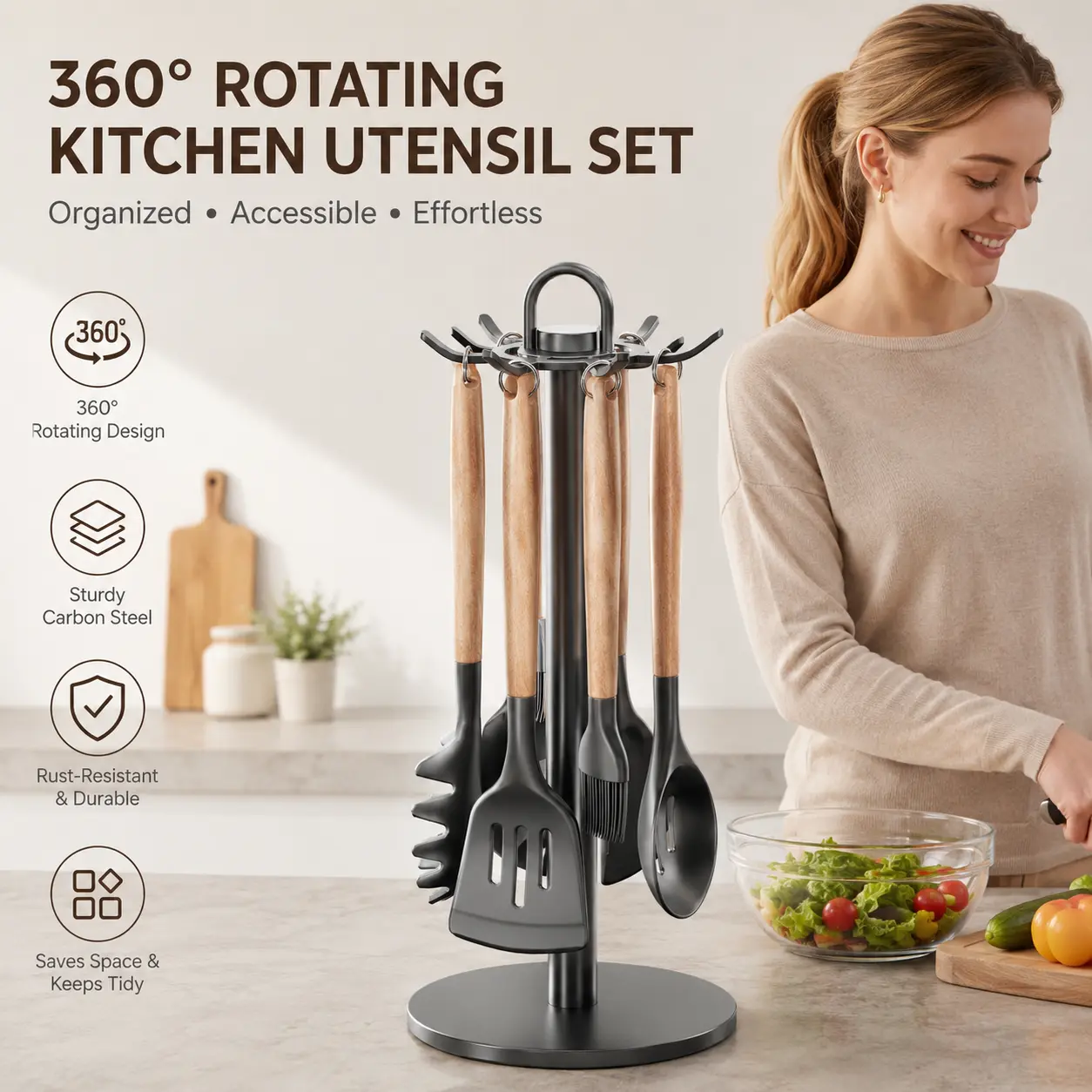 1 Count 360° Rotating Kitchen Utensil Holder, Carbon Steel Non-slip Storage Rack for Kitchen Countertop Cooking Tools