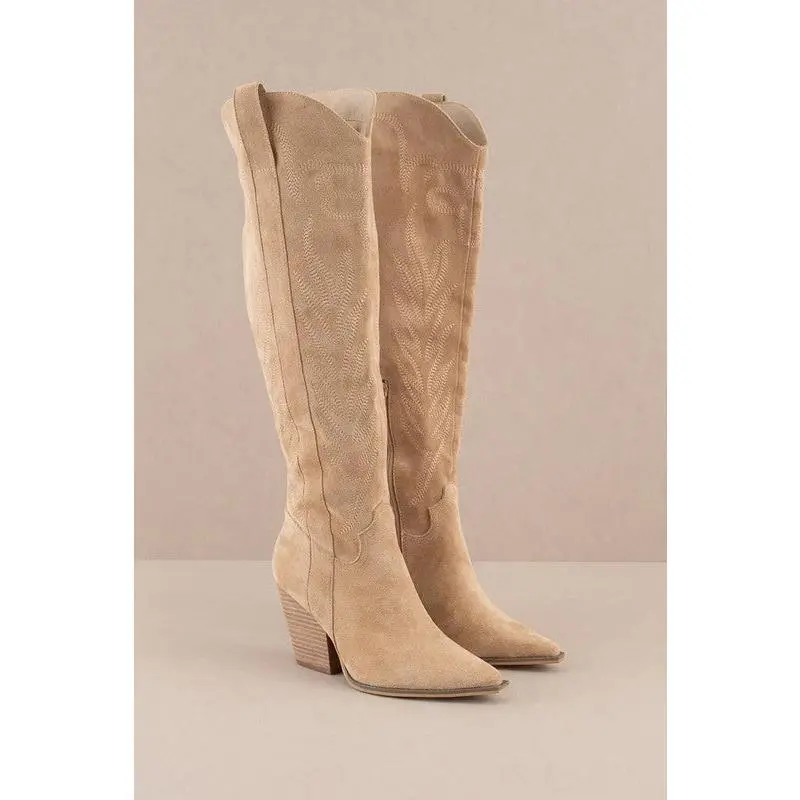 Knee High Embroidered Cowboy Boot Almond