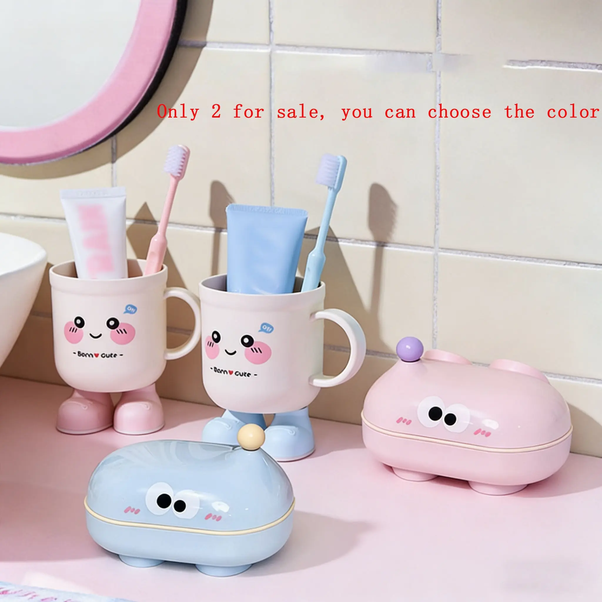 2pcs Cute Cartoon Toothbrush Cups + Large Eye Soap Box, Home Use, Student Dormitory, Couple Brushing Cups, Bathroom Accessories, Toothbrush Holders For Bathrooms, Toothbrush Holder Set