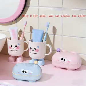 2pcs Cute Cartoon Toothbrush Cups + Large Eye Soap Box, Home Use, Student Dormitory, Couple Brushing Cups, Bathroom Accessories