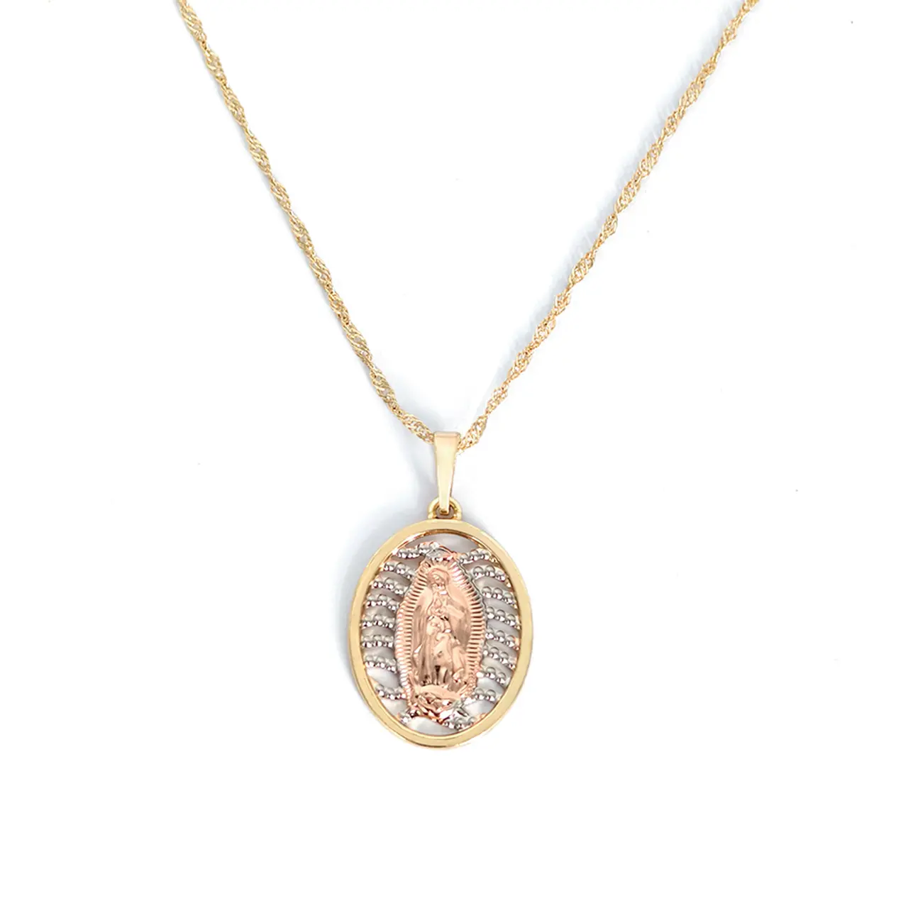 Gold Hollow Virgin Mary Necklace | 3D Oval Miracle Medal with Adjustable Chain for Women